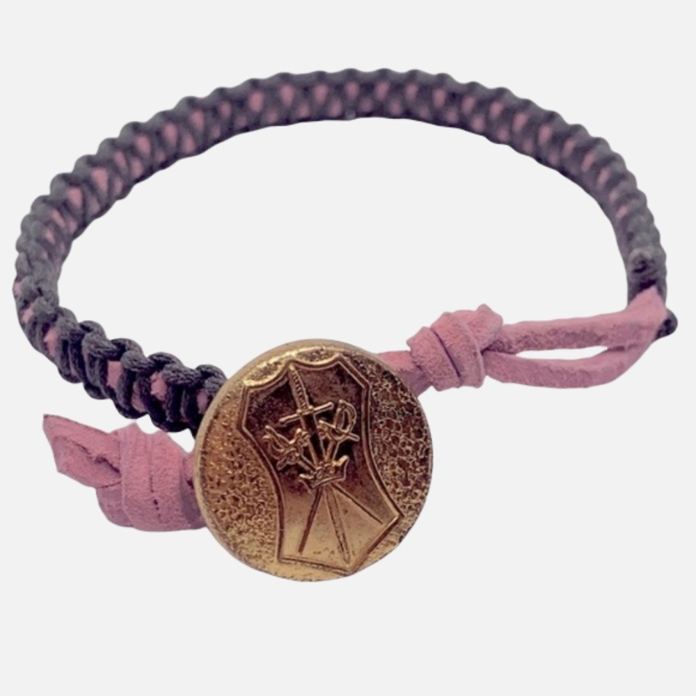 Handmade Macrame Bracelet Pink & Brown with Gold Military Button